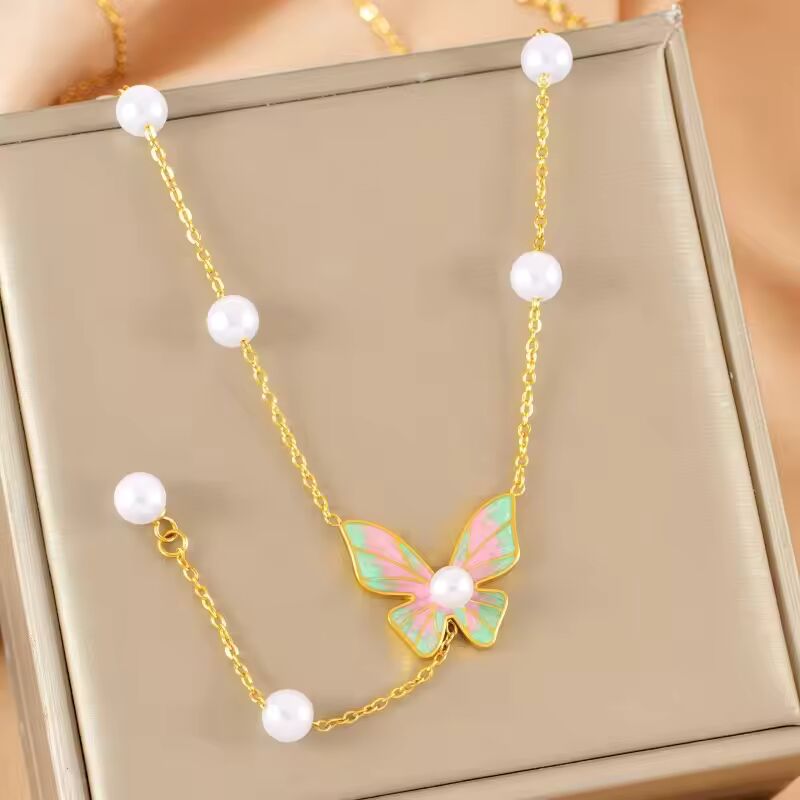 2Pcs Sainless Steel Drip Oil Butterfly with Pearl Charms Necklace Earrings for Women Trend Chain Choker Jewelry Set Party Gift