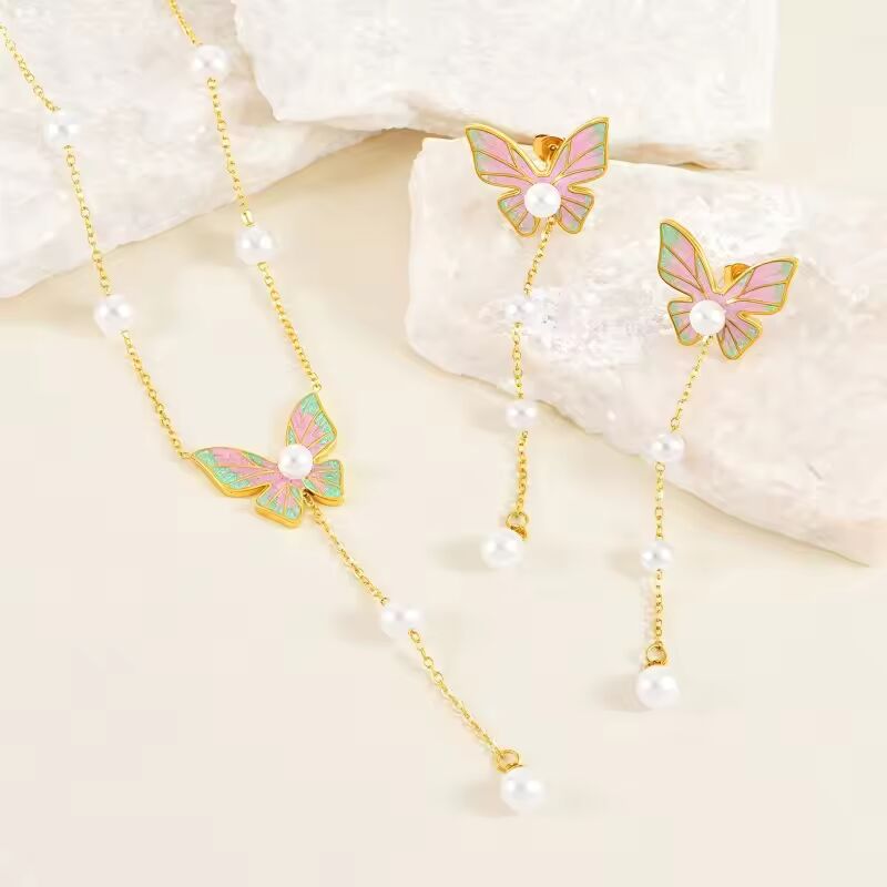 2Pcs Sainless Steel Drip Oil Butterfly with Pearl Charms Necklace Earrings for Women Trend Chain Choker Jewelry Set Party Gift