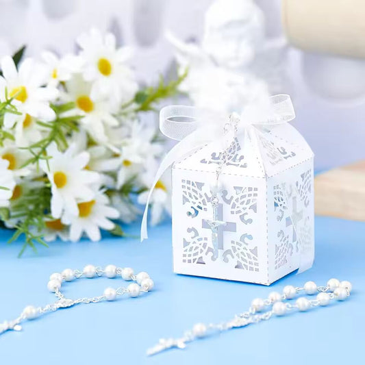 20 Packs Baptism Favors Set Acrylic Rosary Beads Faux Pearls with Organza Bags and Cross Baptism Favor Boxes Recuerdo De Boda Y