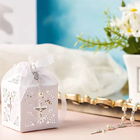 20 Packs Baptism Favors Set Acrylic Rosary Beads Faux Pearls with Organza Bags and Cross Baptism Favor Boxes Recuerdo De Boda Y